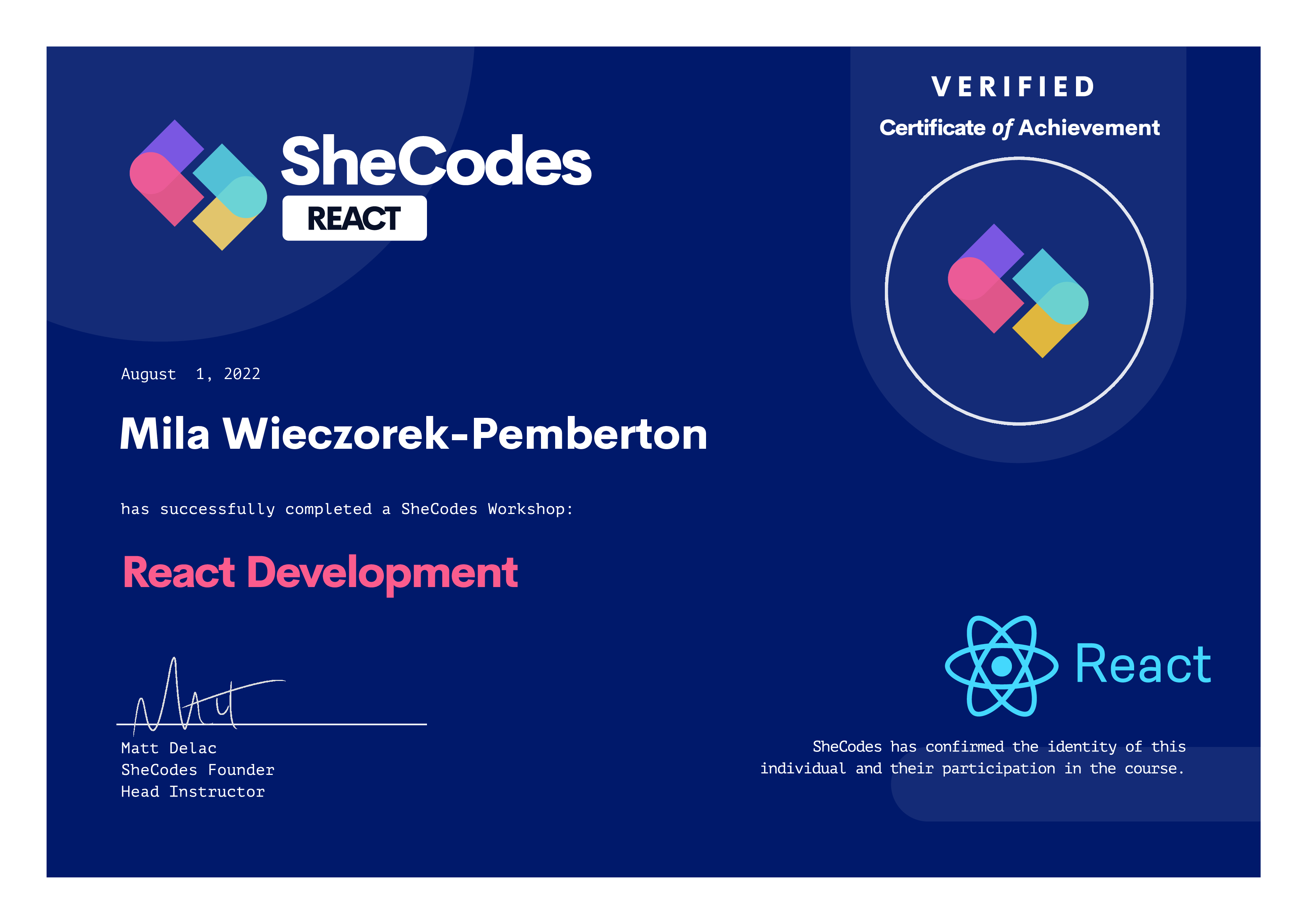 SheCodes React Certification